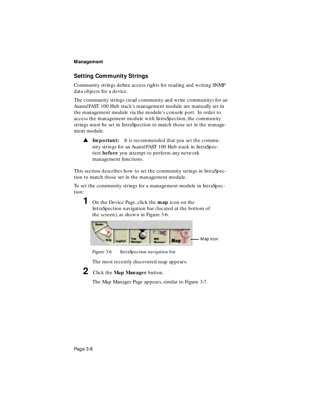 Asante Technologies 100TX user manual Setting Community Strings, IntraSpection navigation bar 