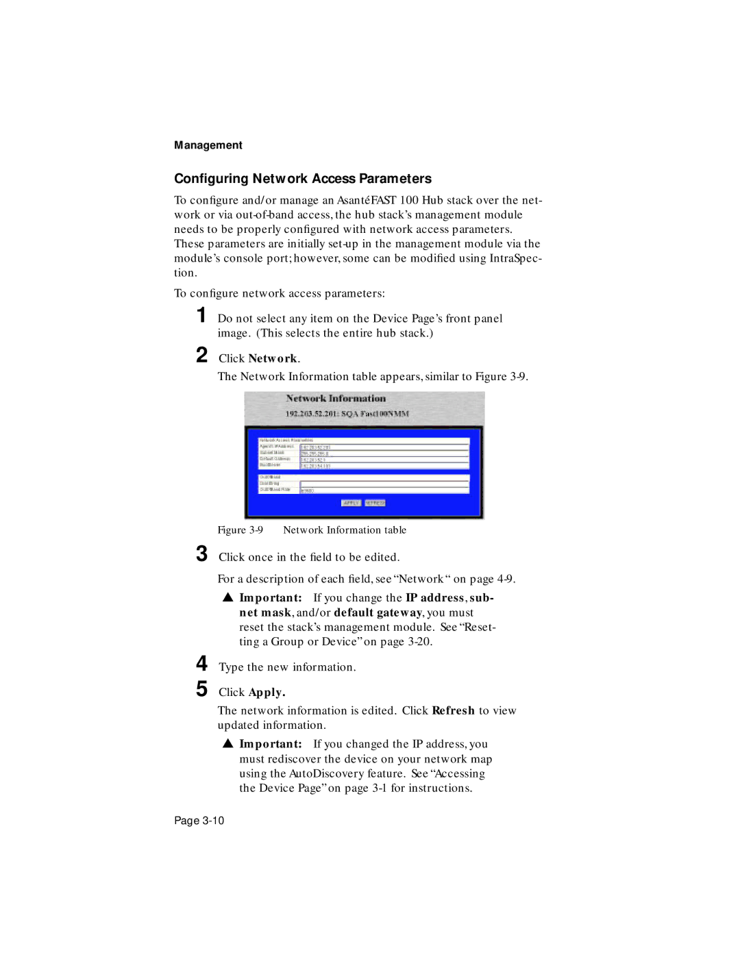 Asante Technologies 100TX user manual Conﬁguring Network Access Parameters, Network Information table 