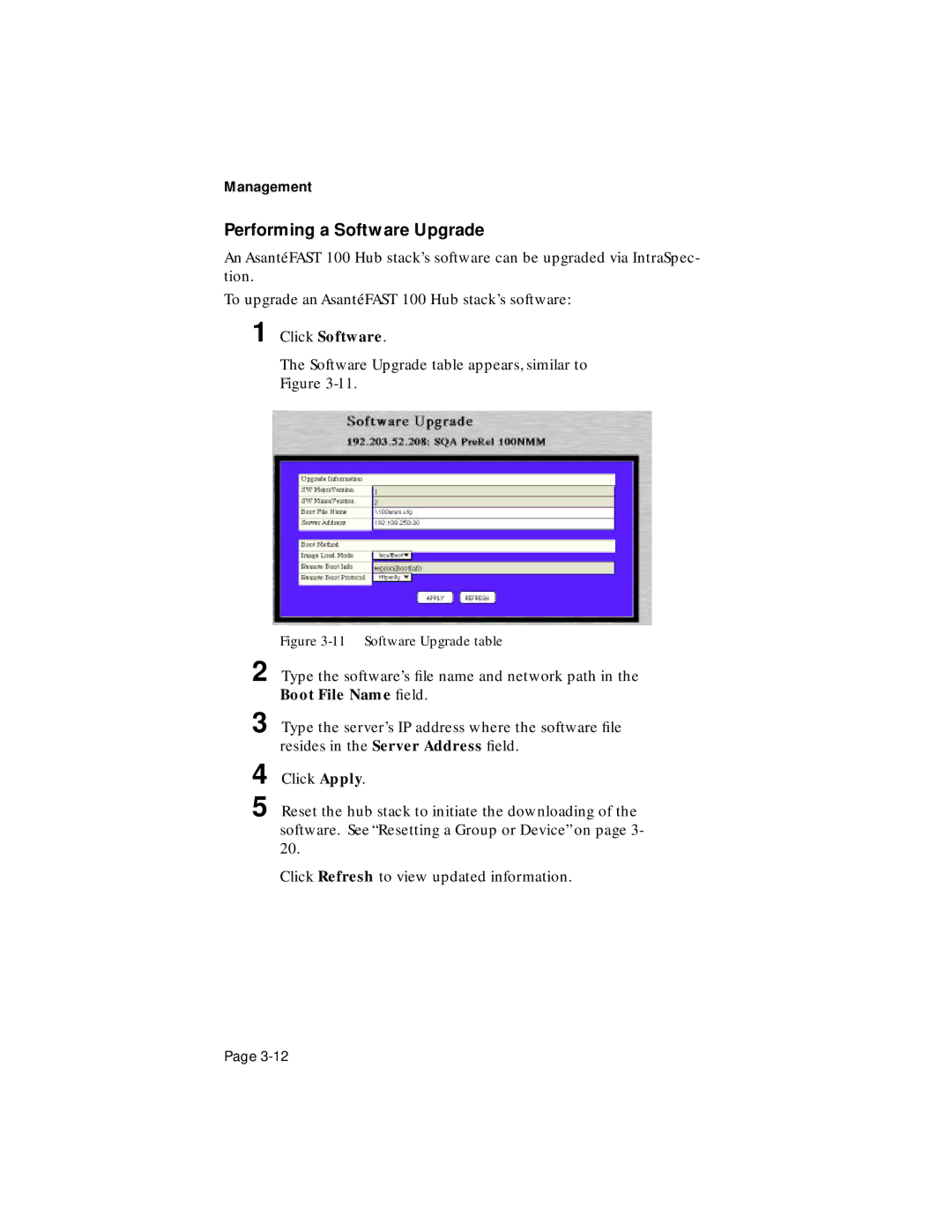 Asante Technologies 100TX user manual Performing a Software Upgrade, Click Software 