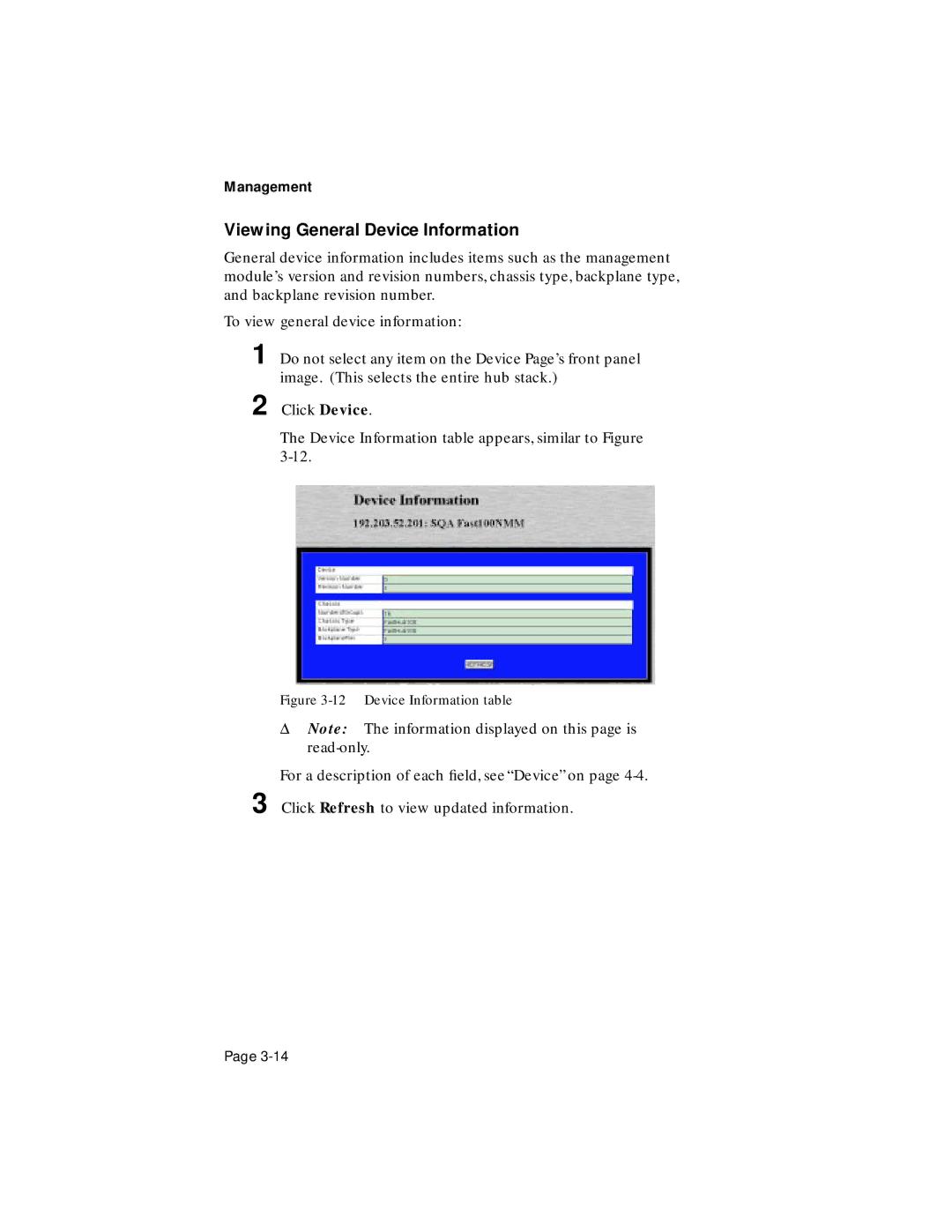 Asante Technologies 100TX user manual Viewing General Device Information, Device Information table 