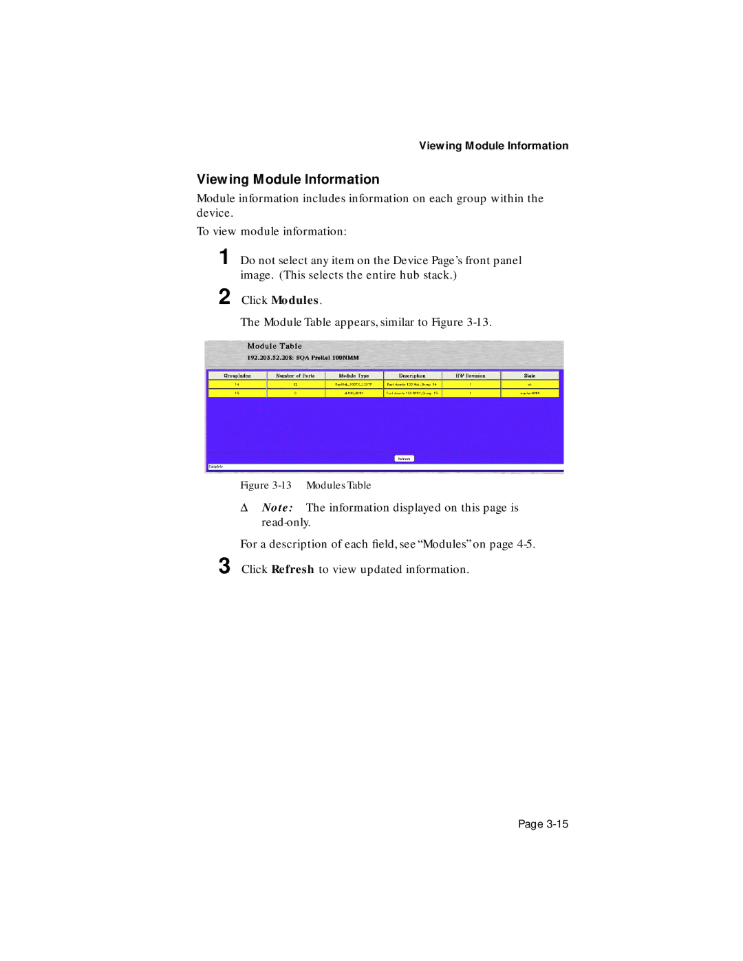 Asante Technologies 100TX user manual Viewing Module Information, Modules Table 