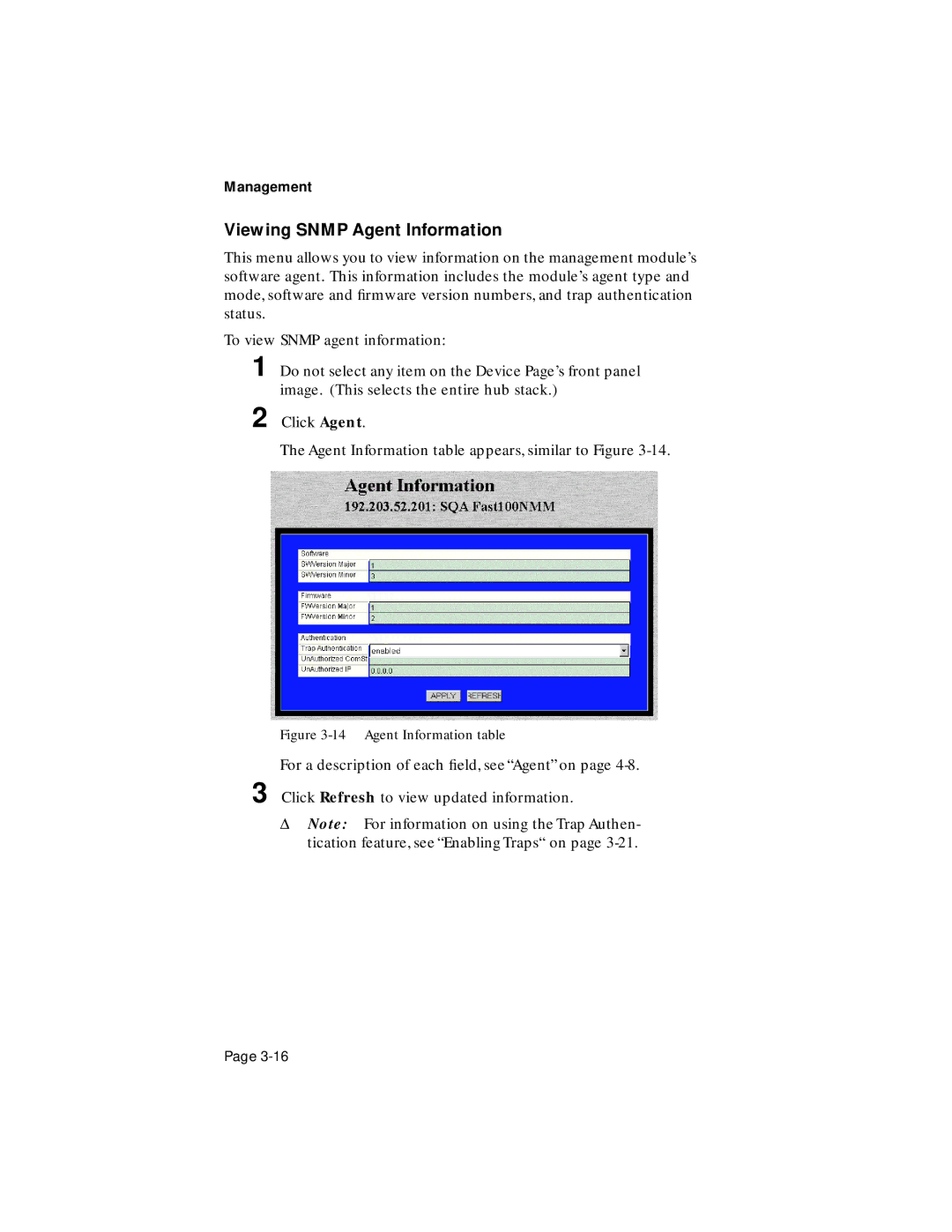 Asante Technologies 100TX user manual Viewing Snmp Agent Information, Agent Information table 