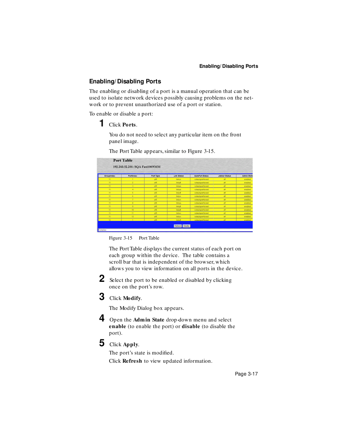 Asante Technologies 100TX user manual Enabling/Disabling Ports, Port Table 