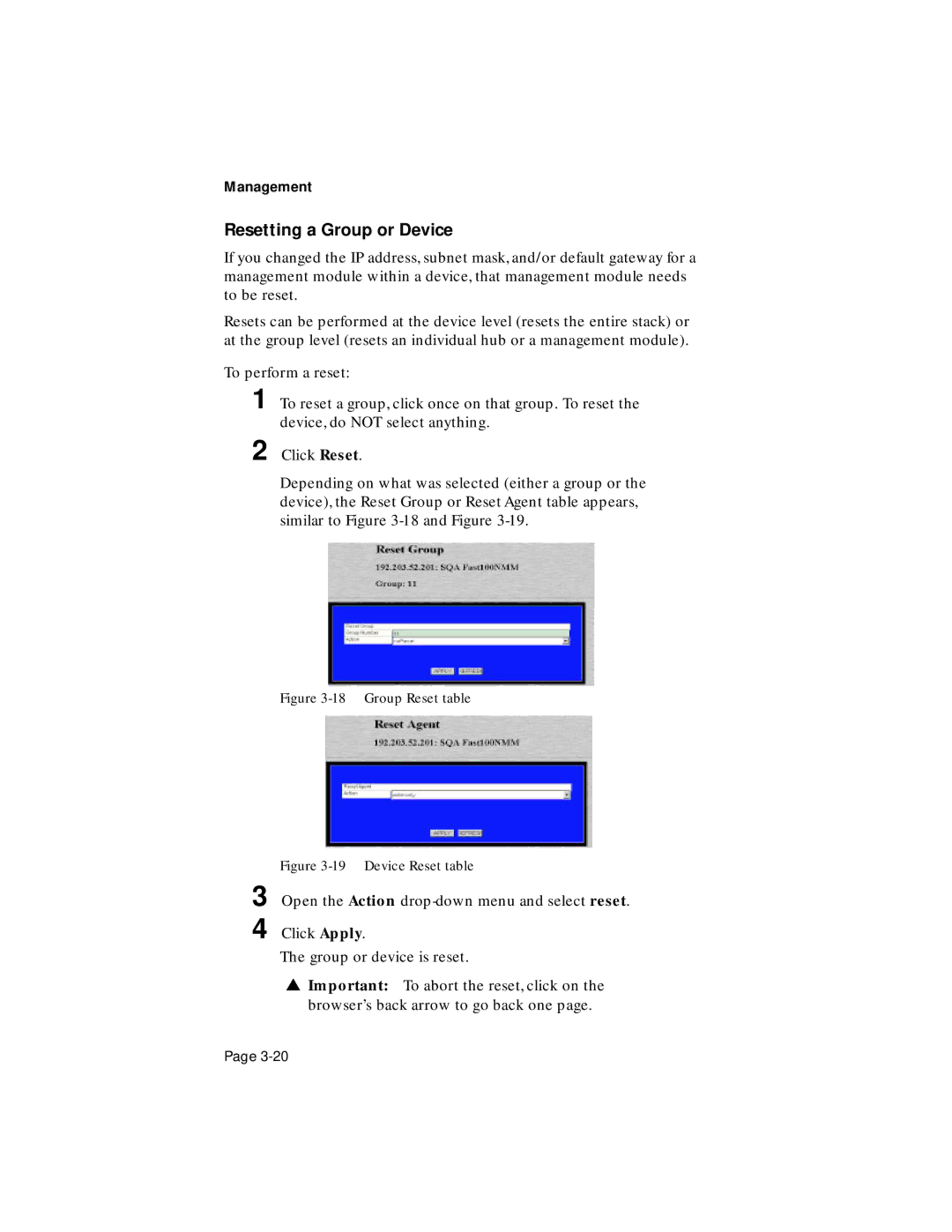 Asante Technologies 100TX user manual Resetting a Group or Device, Group Reset table 