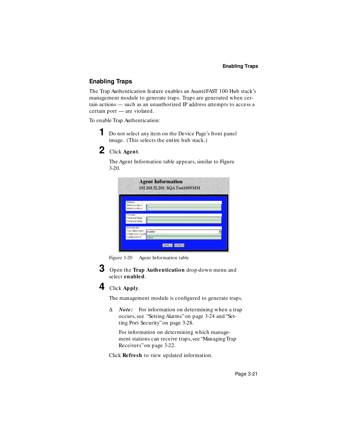 Asante Technologies 100TX user manual Enabling Traps, Agent Information table 