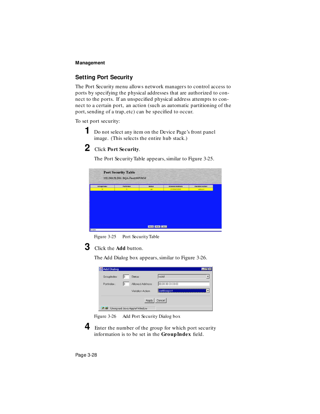 Asante Technologies 100TX user manual Setting Port Security, Click Port Security 