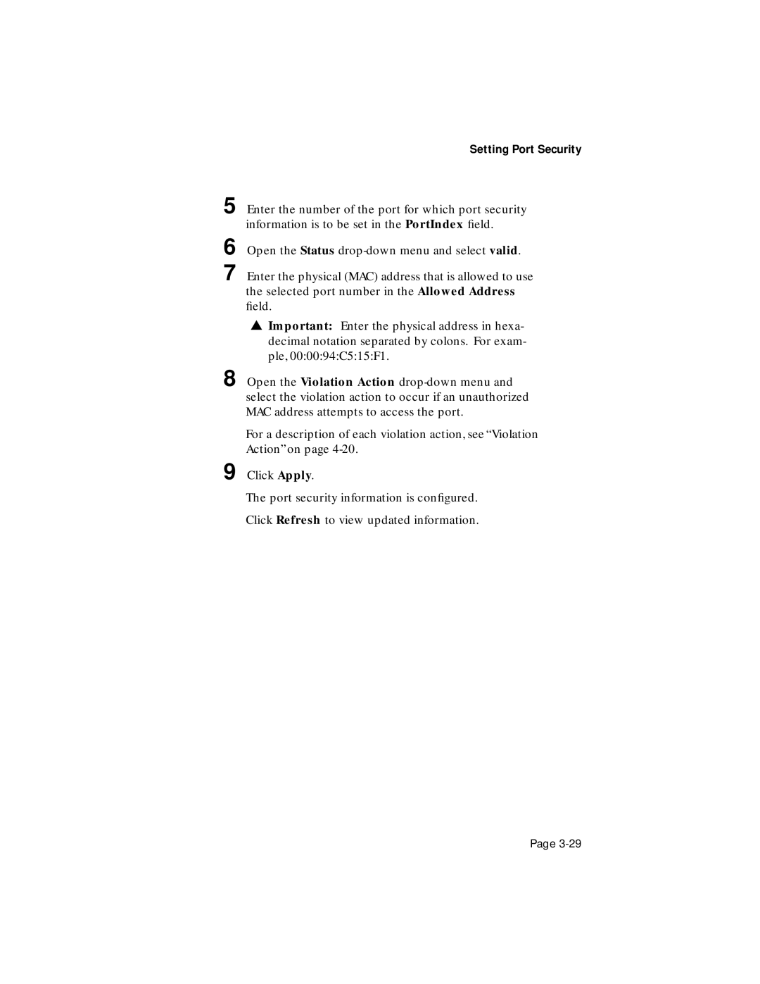 Asante Technologies 100TX user manual Setting Port Security 