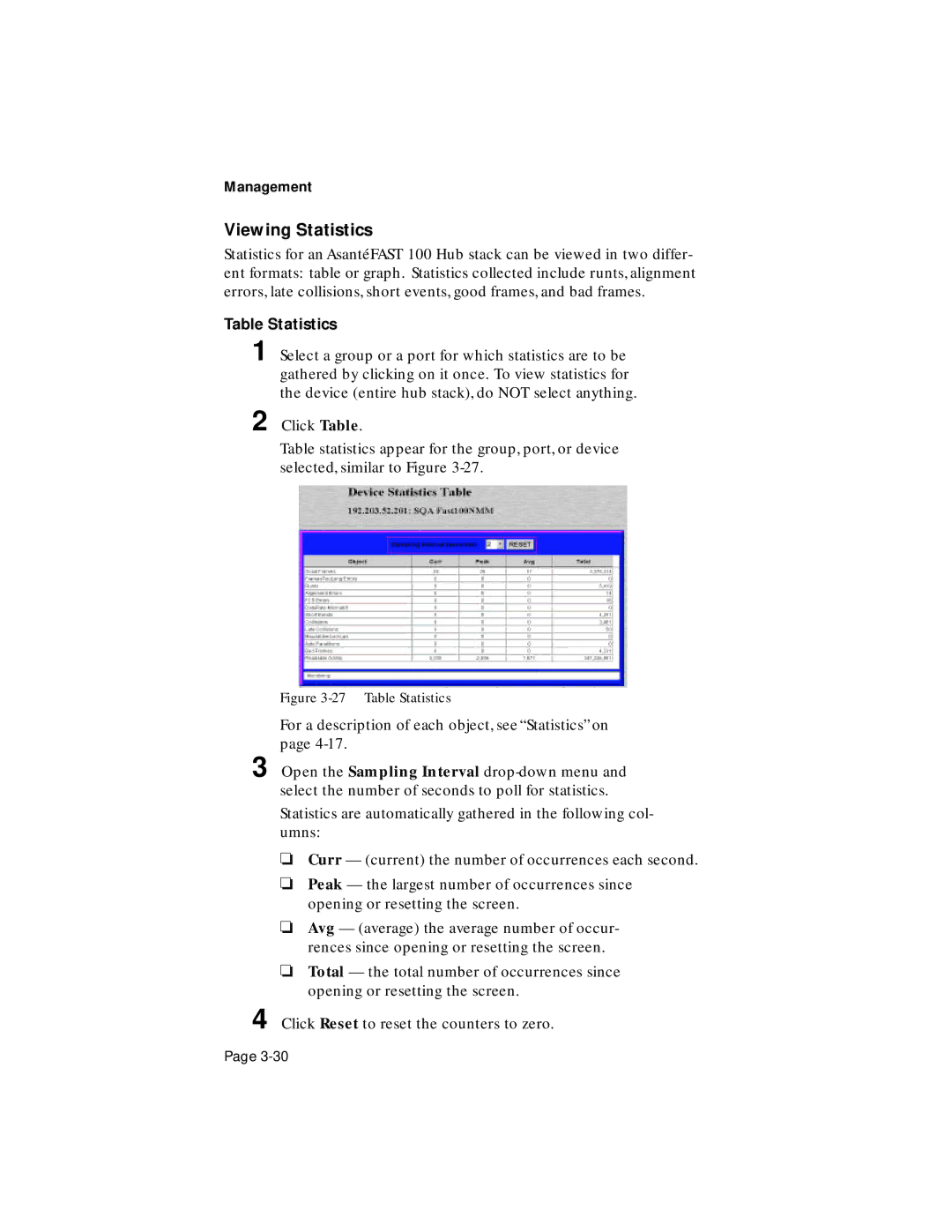 Asante Technologies 100TX user manual Viewing Statistics, Table Statistics 