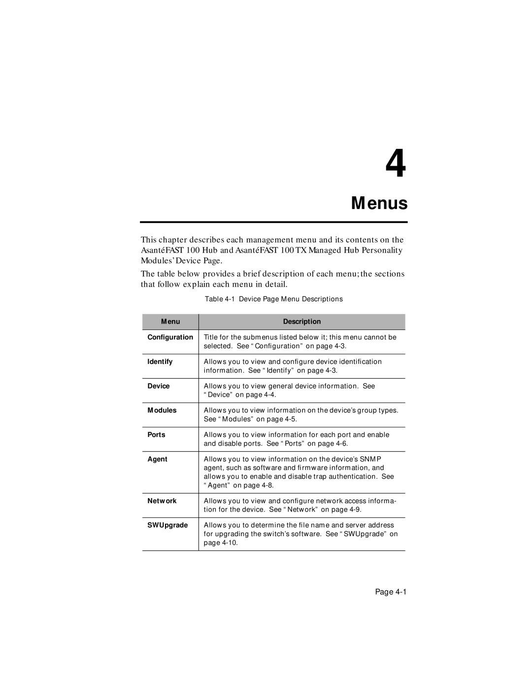 Asante Technologies 100TX Menu Description Conﬁguration, Identify, Device, Modules, Ports, Agent, Network, SWUpgrade 