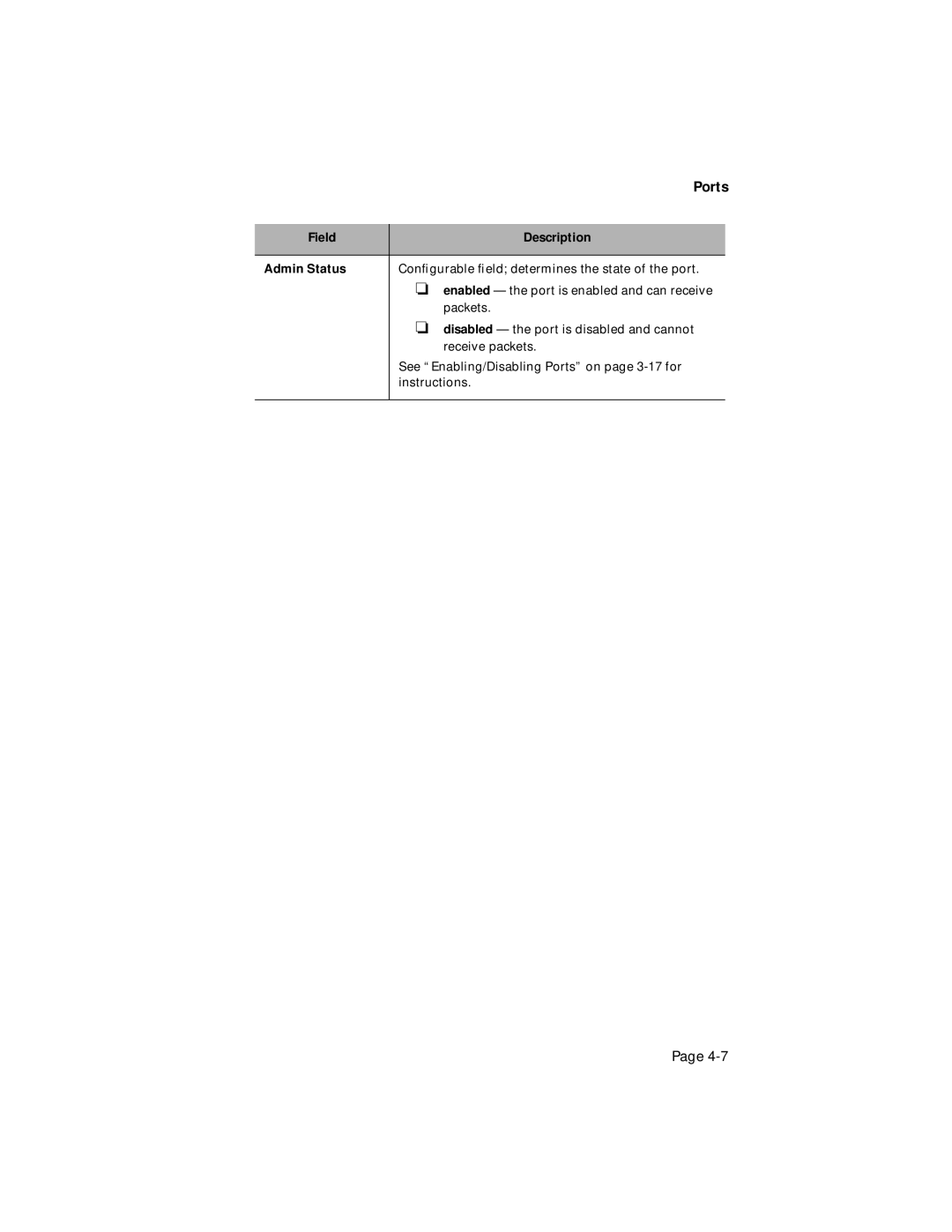 Asante Technologies 100TX user manual Ports, Field Description Admin Status 