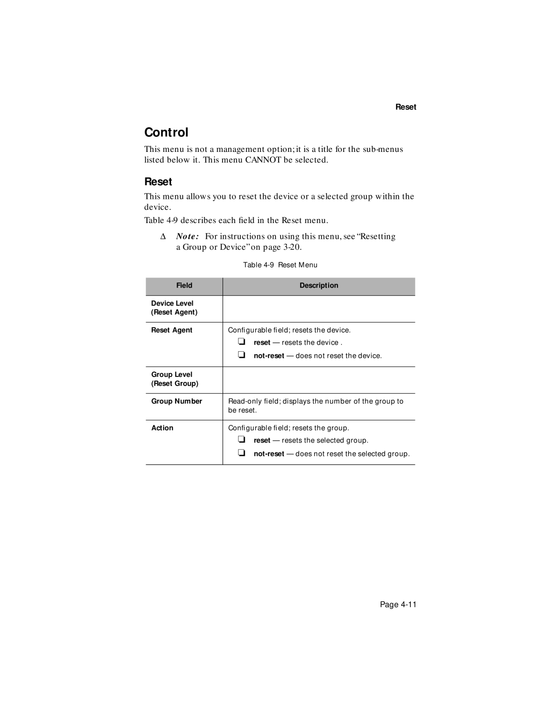 Asante Technologies 100TX user manual Reset Menu 