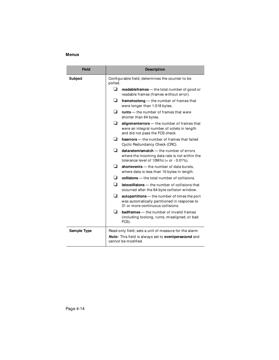 Asante Technologies 100TX user manual Field Description Subject, Sample Type 