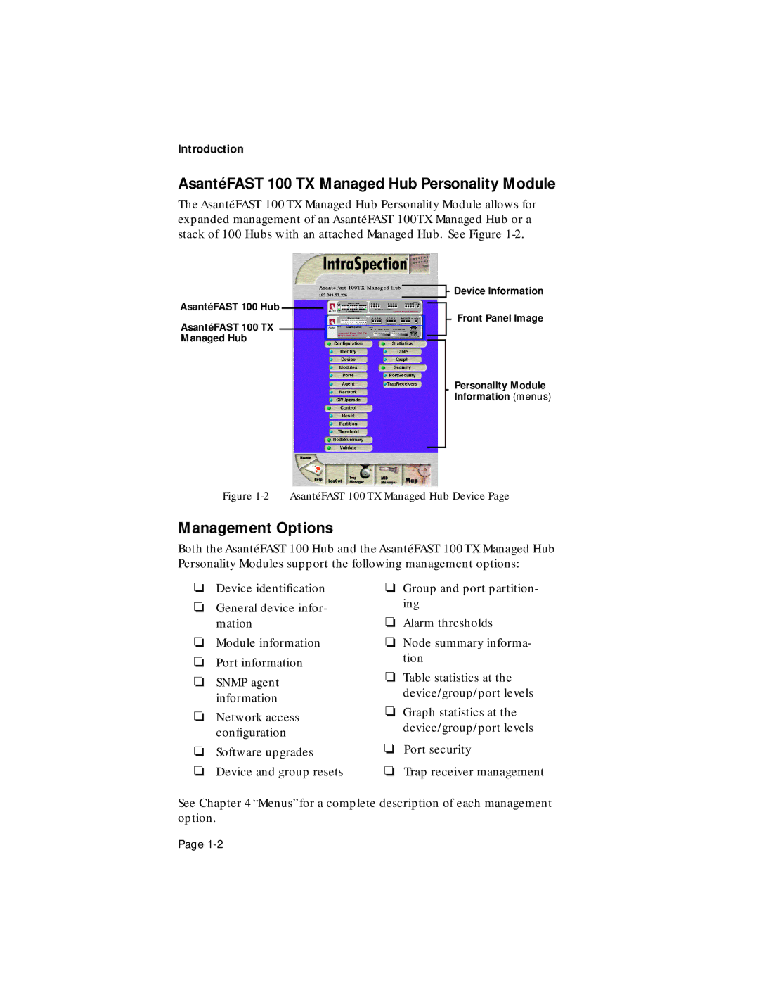 Asante Technologies 100TX user manual AsantéFAST 100 TX Managed Hub Personality Module, Management Options 