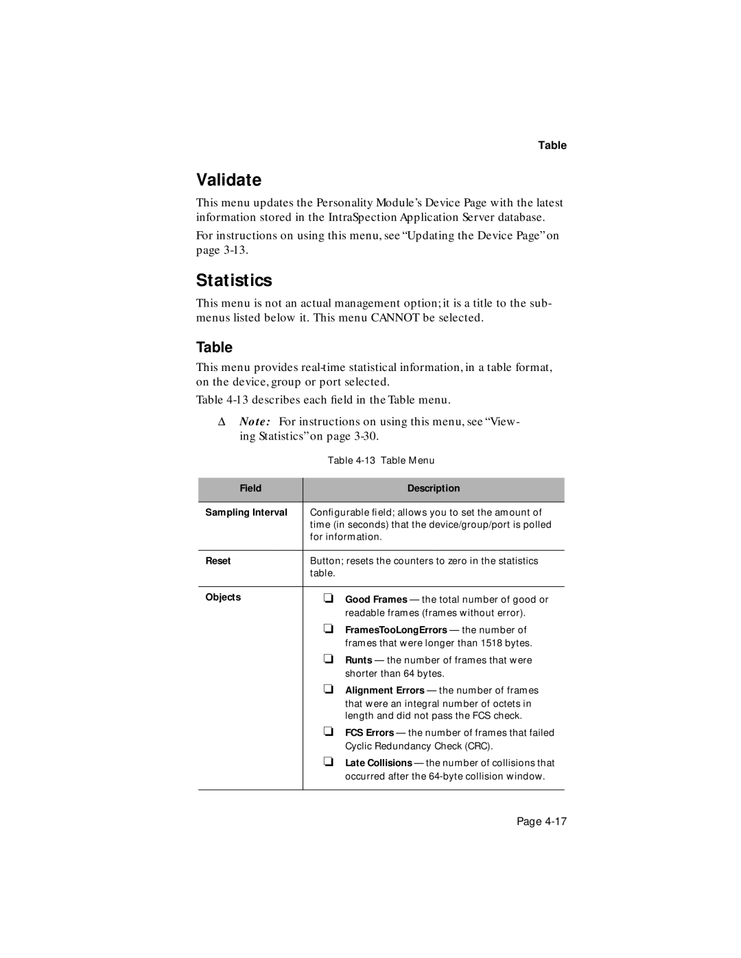 Asante Technologies 100TX user manual Field Description Sampling Interval, Objects, FramesTooLongErrors the number 