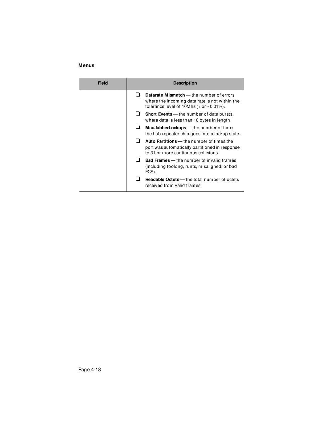 Asante Technologies 100TX user manual Field Description 