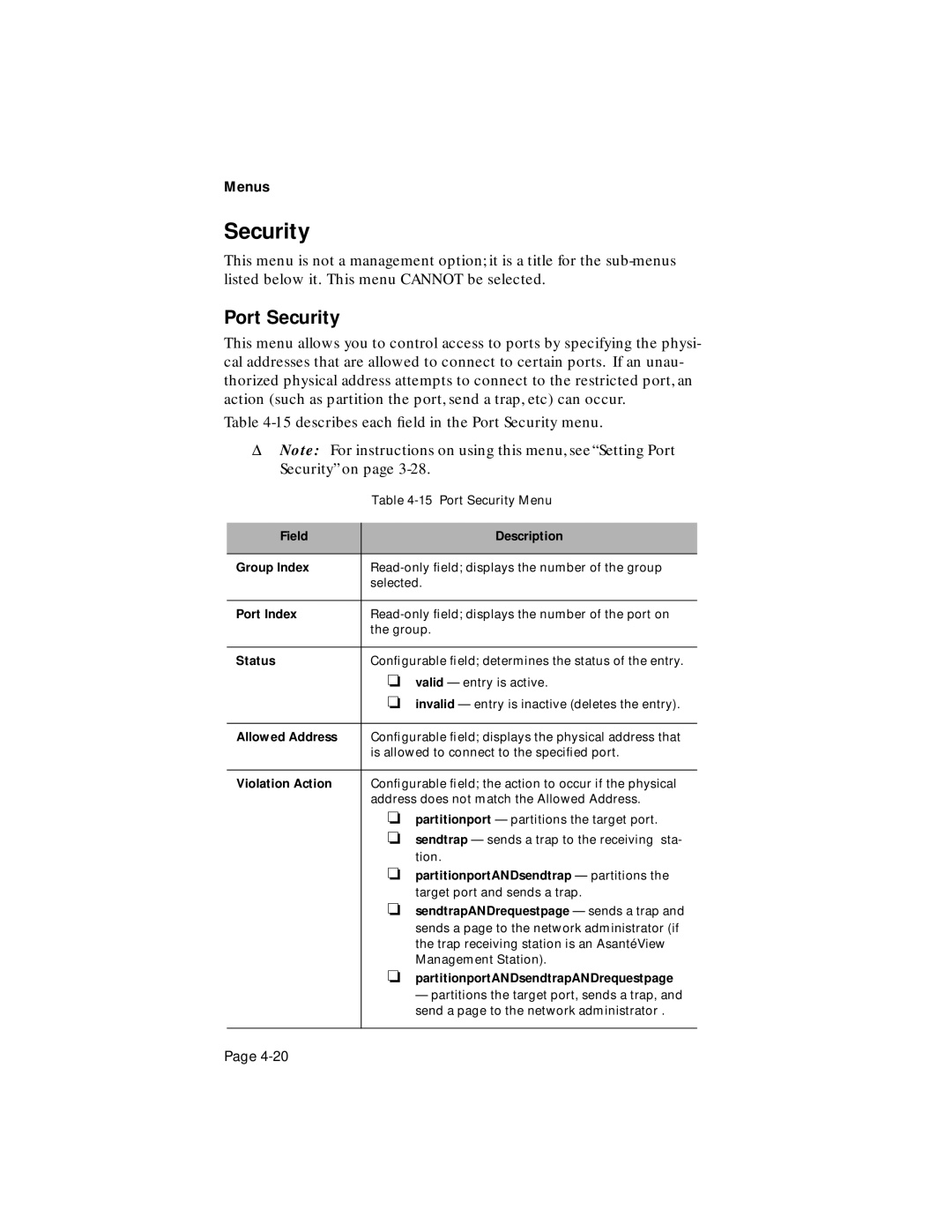 Asante Technologies 100TX user manual Port Security, Allowed Address, Violation Action 