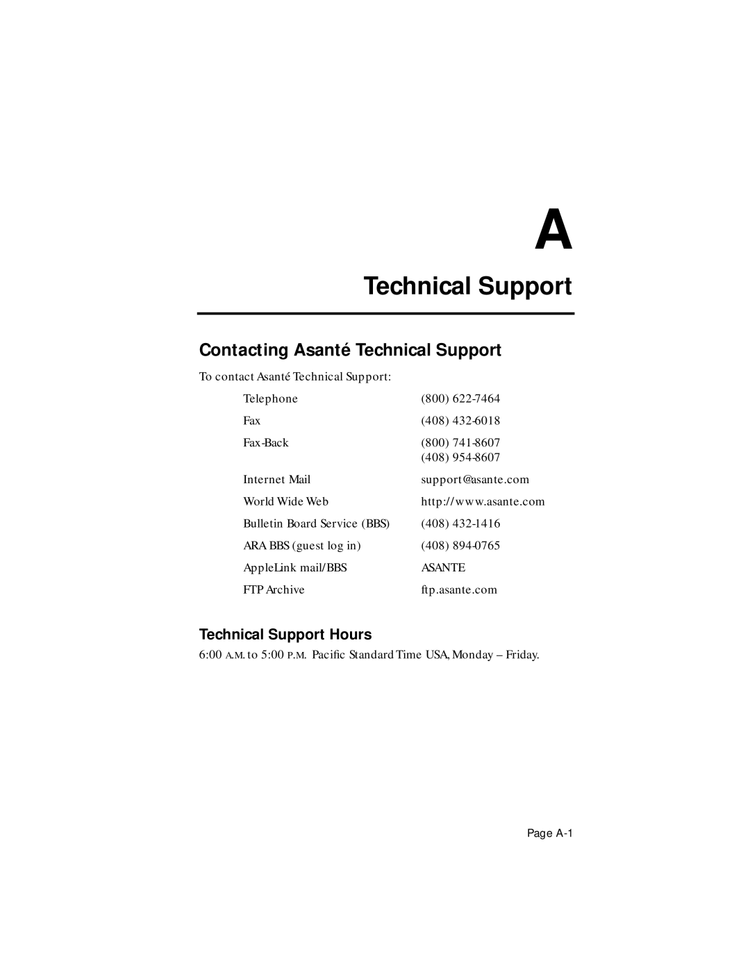 Asante Technologies 100TX user manual Technical Support Hours 