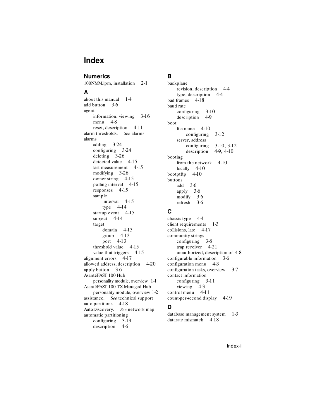 Asante Technologies 100TX user manual Index, Numerics 