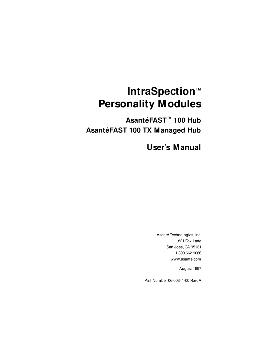 Asante Technologies 100TX user manual IntraSpection Personality Modules, User’s Manual, August 