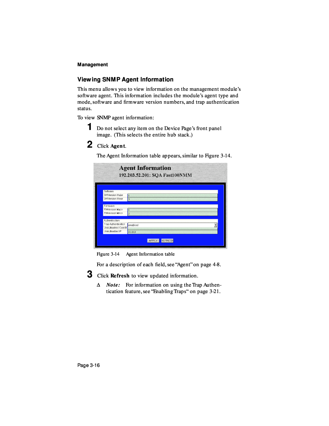 Asante Technologies 100TX user manual Viewing SNMP Agent Information, 14 Agent Information table 