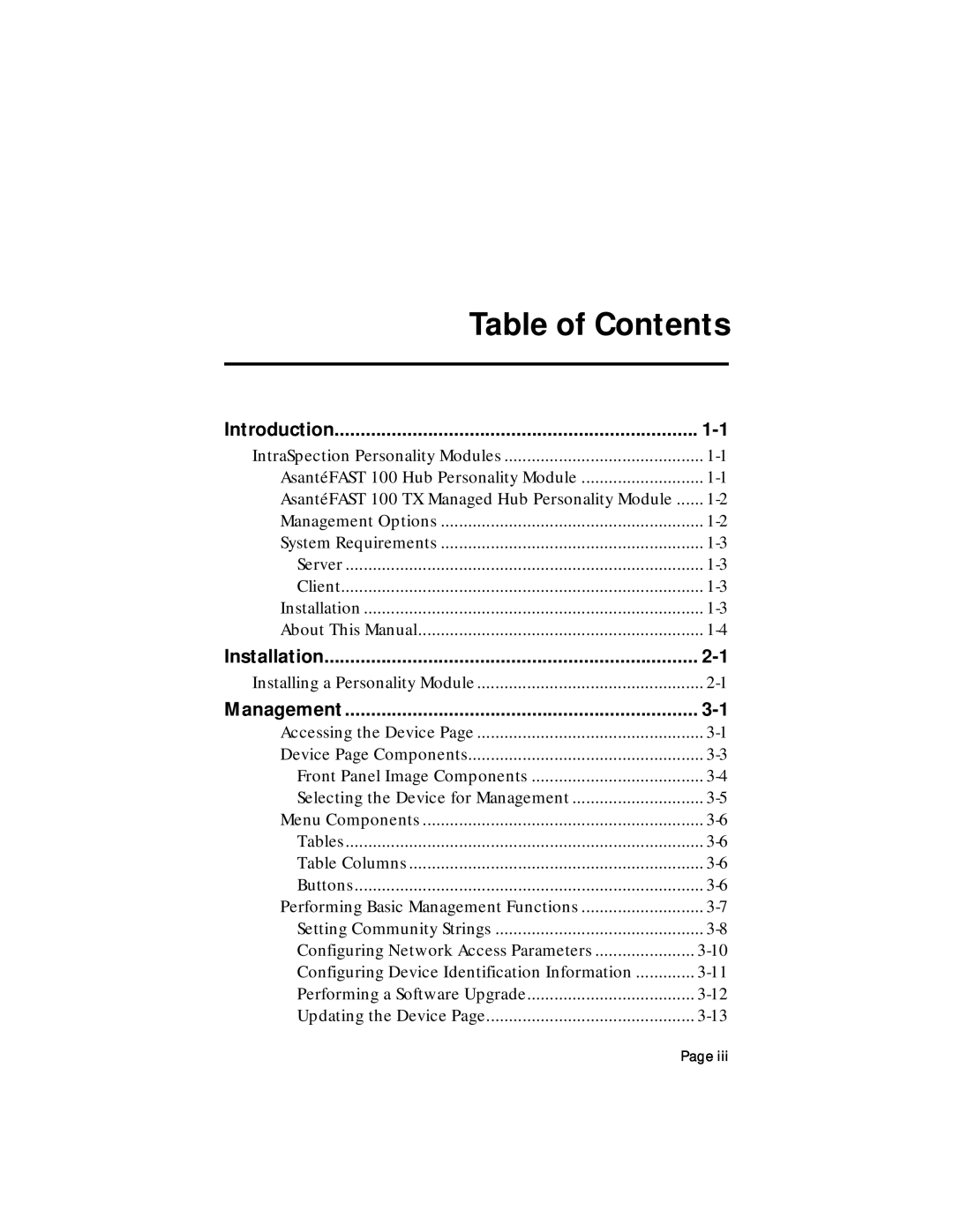 Asante Technologies 100TX user manual Table of Contents, Introduction, Installation, Management 