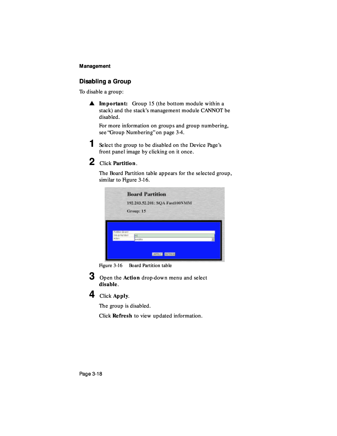 Asante Technologies 100TX user manual Disabling a Group, To disable a group, Management, Page 