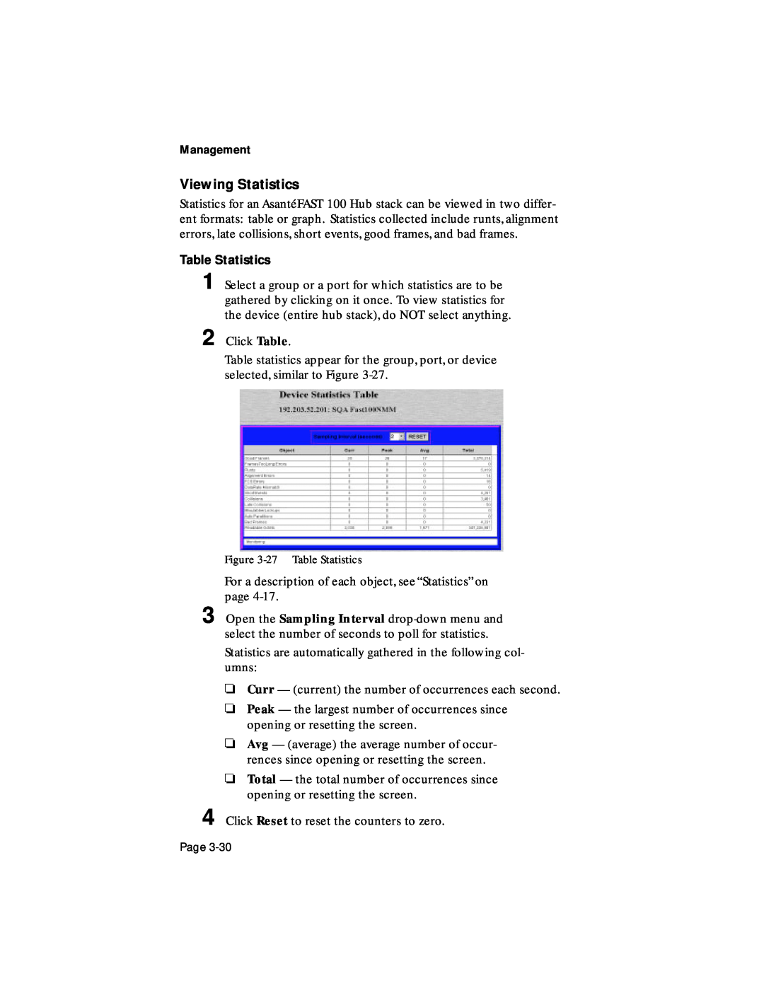 Asante Technologies 100TX user manual Viewing Statistics, Table Statistics 