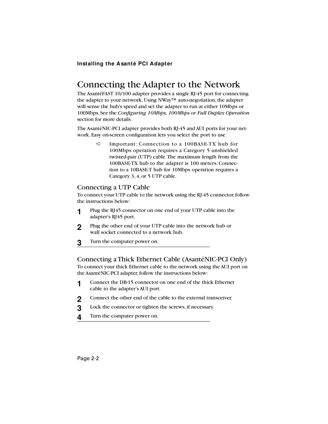 Asante Technologies 10/100 manual Connecting the Adapter to the Network, Connecting a UTP Cable 