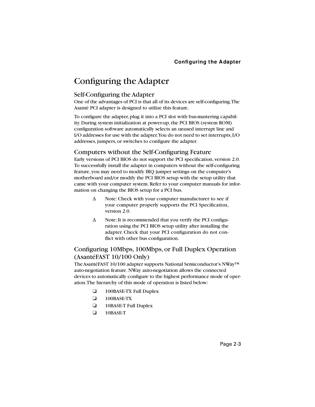 Asante Technologies 10/100 manual Self-Conﬁguring the Adapter, Computers without the Self-Conﬁguring Feature 