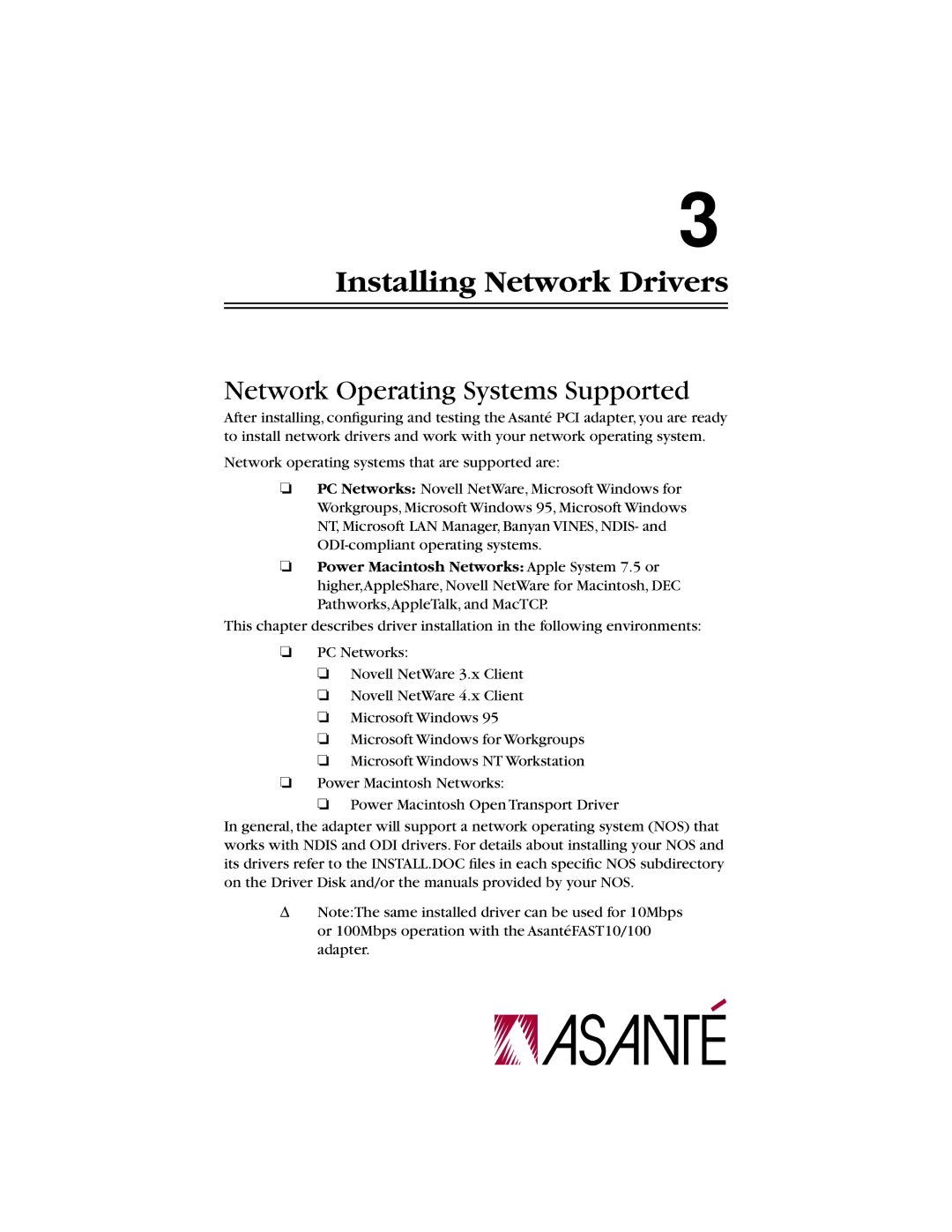 Asante Technologies 10/100 manual Installing Network Drivers, Network Operating Systems Supported 