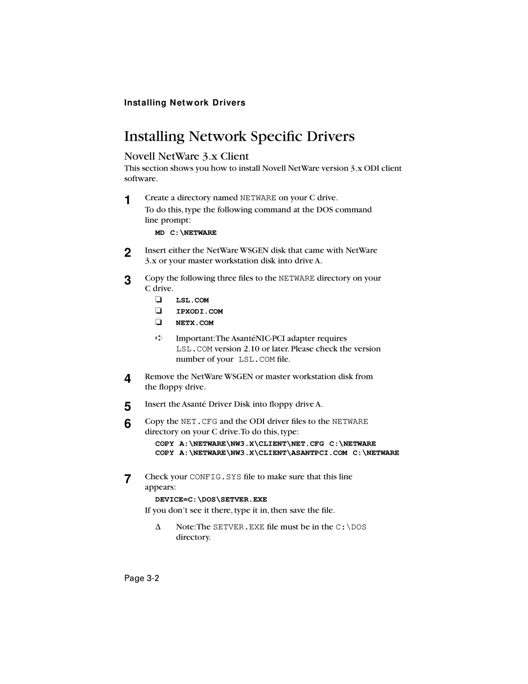 Asante Technologies 10/100 manual Installing Network Speciﬁc Drivers, Novell NetWare 3.x Client 
