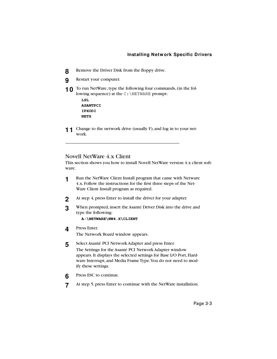 Asante Technologies 10/100 manual Novell NetWare 4.x Client, Installing Network Speciﬁc Drivers 