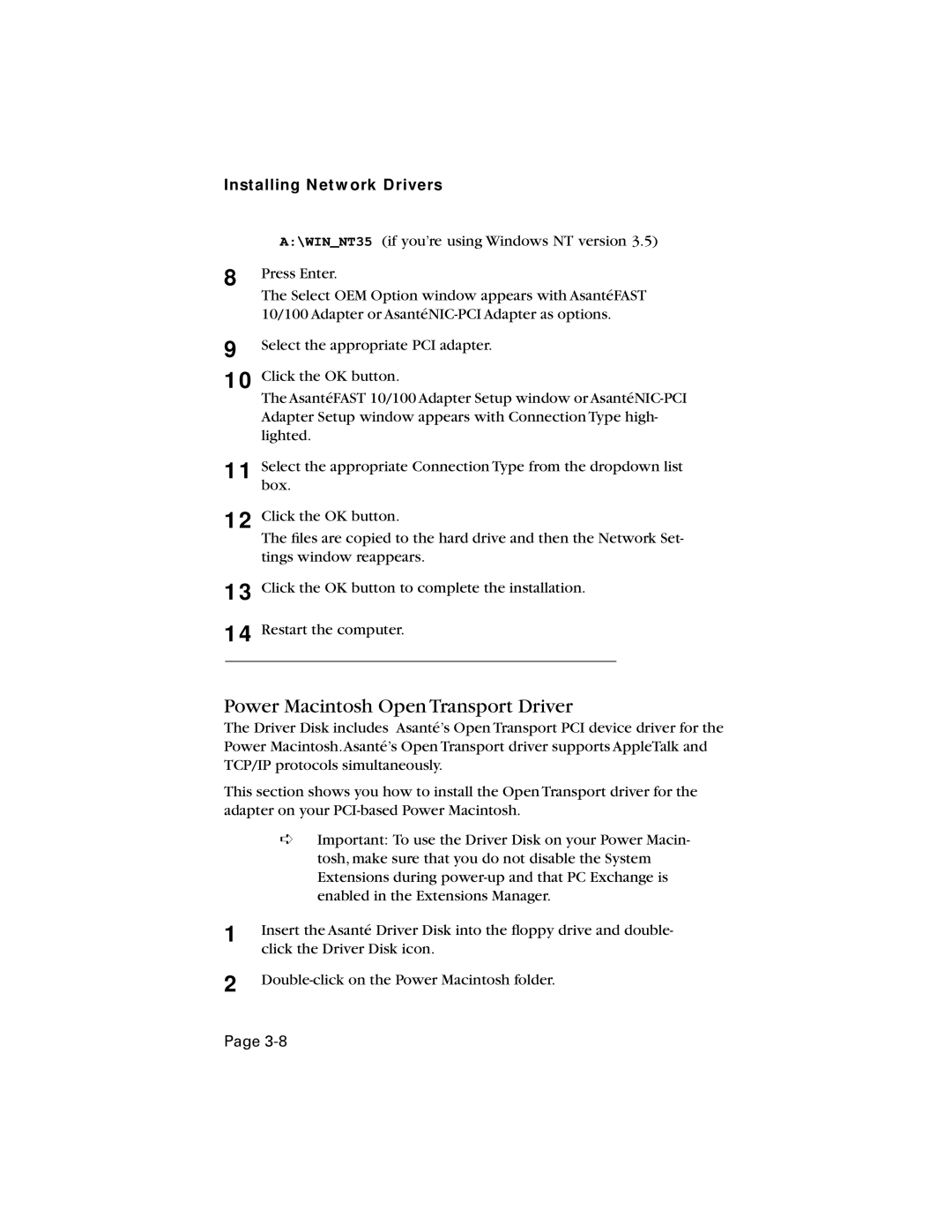 Asante Technologies 10/100 manual Power Macintosh Open Transport Driver 