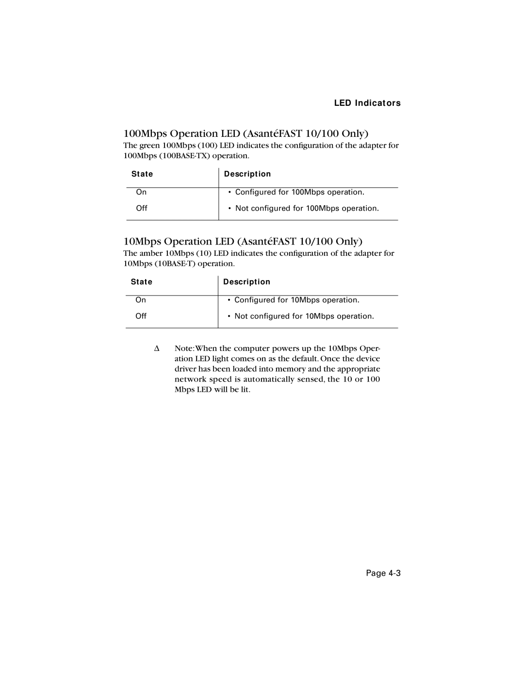 Asante Technologies manual 100Mbps Operation LED AsantéFAST 10/100 Only, 10Mbps Operation LED AsantéFAST 10/100 Only 