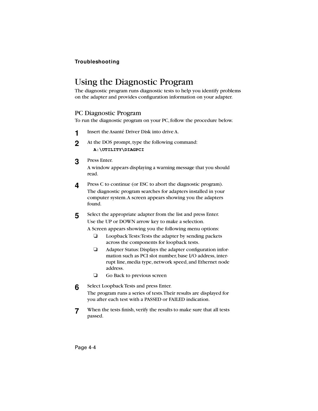 Asante Technologies 10/100 manual Using the Diagnostic Program, PC Diagnostic Program 