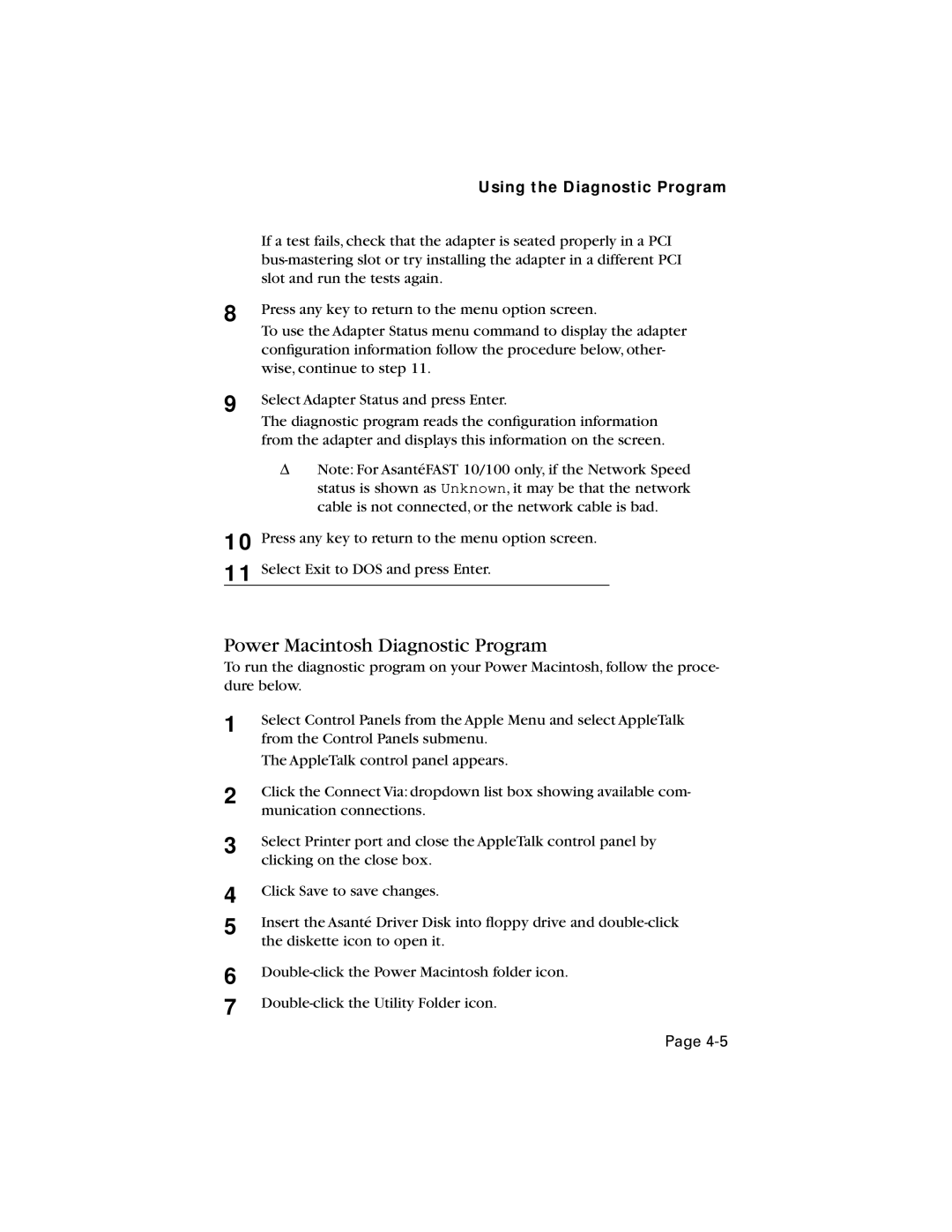 Asante Technologies 10/100 manual Power Macintosh Diagnostic Program, Using the Diagnostic Program 