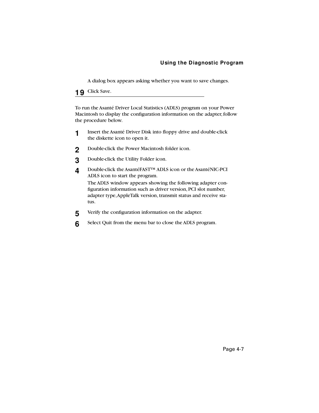 Asante Technologies 10/100 manual Using the Diagnostic Program 