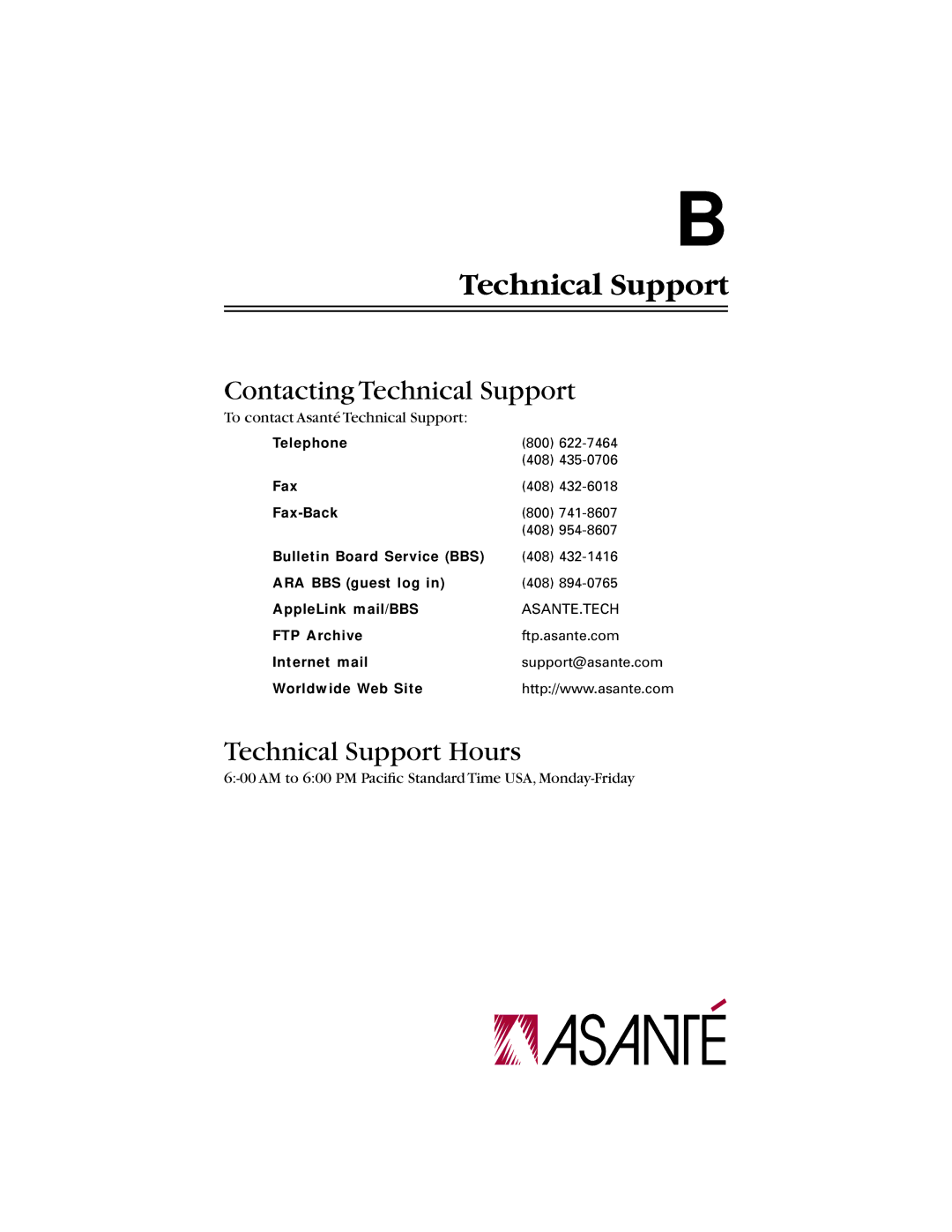 Asante Technologies 10/100 manual Contacting Technical Support, Technical Support Hours 