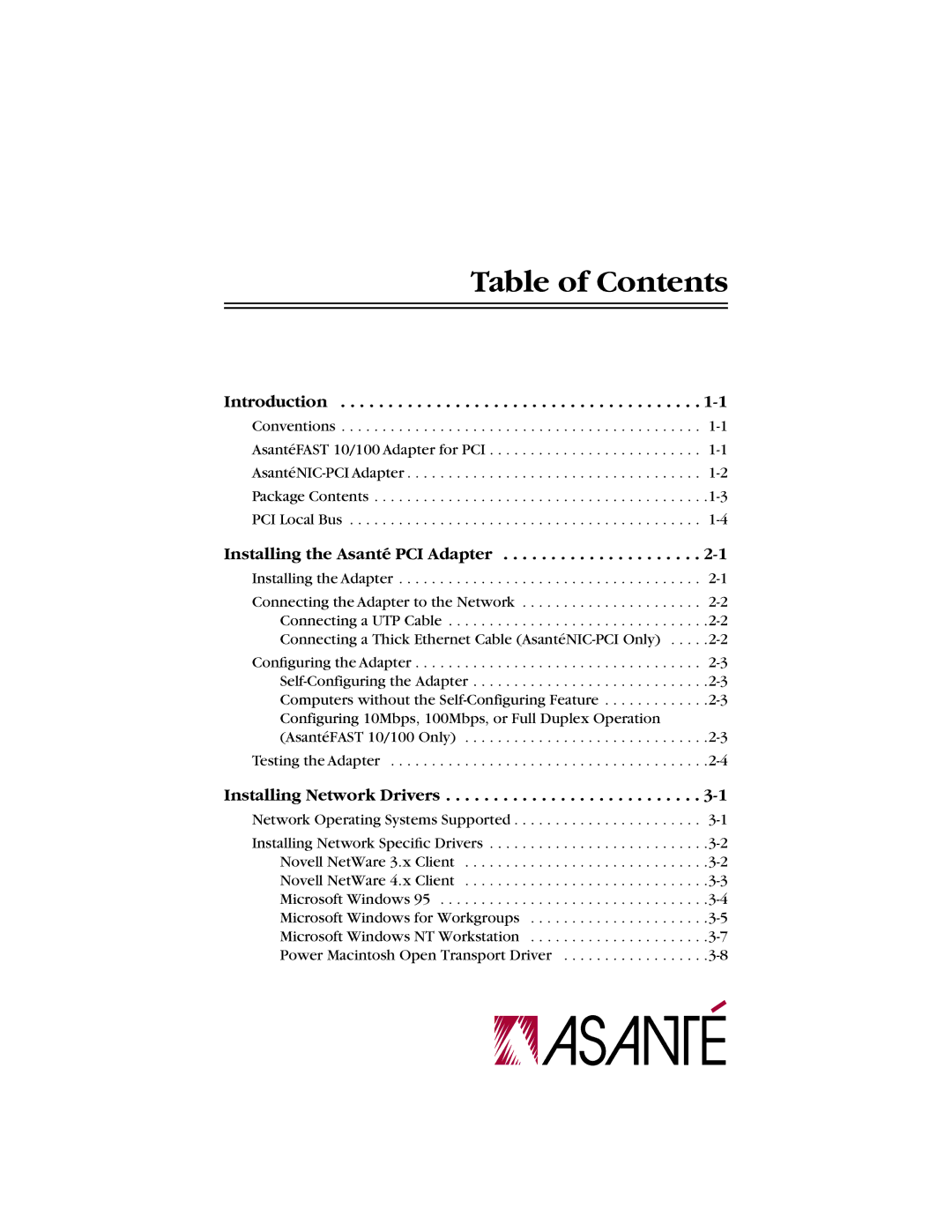 Asante Technologies 10/100 manual Table of Contents 