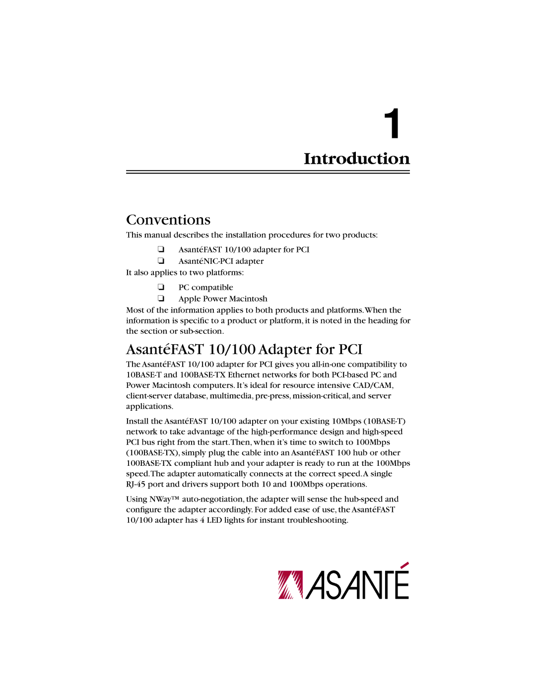 Asante Technologies manual Introduction, Conventions, AsantéFAST 10/100 Adapter for PCI 