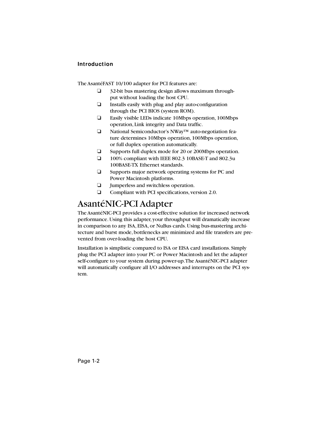 Asante Technologies 10/100 manual AsantéNIC-PCI Adapter, Introduction 