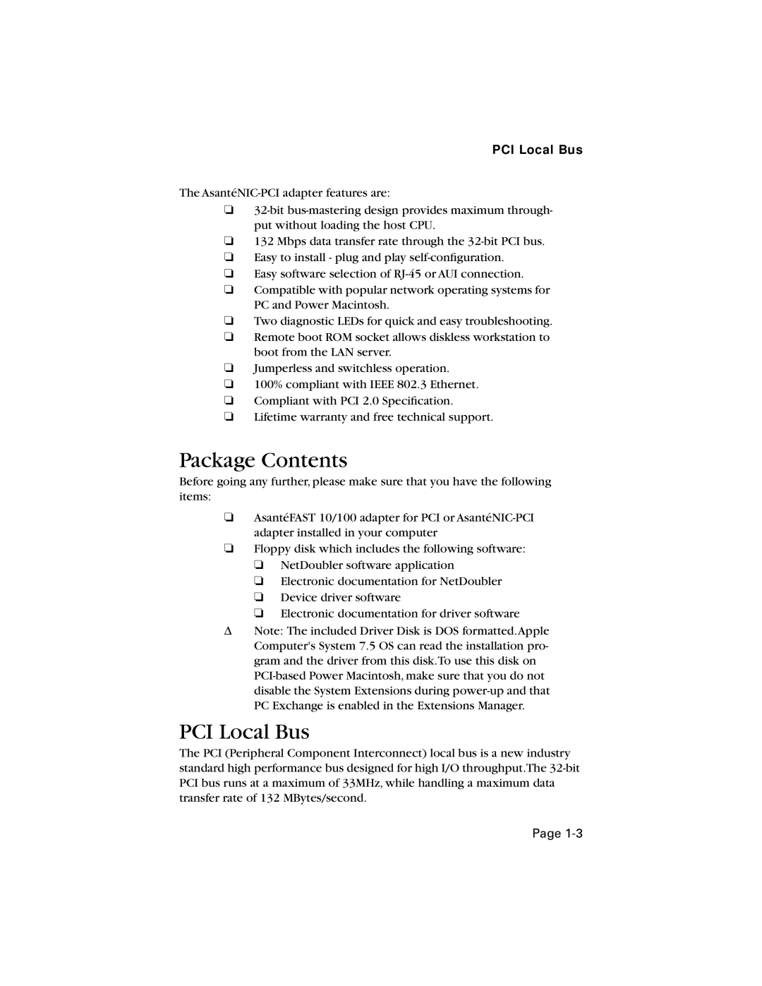 Asante Technologies 10/100 manual Package Contents, PCI Local Bus 