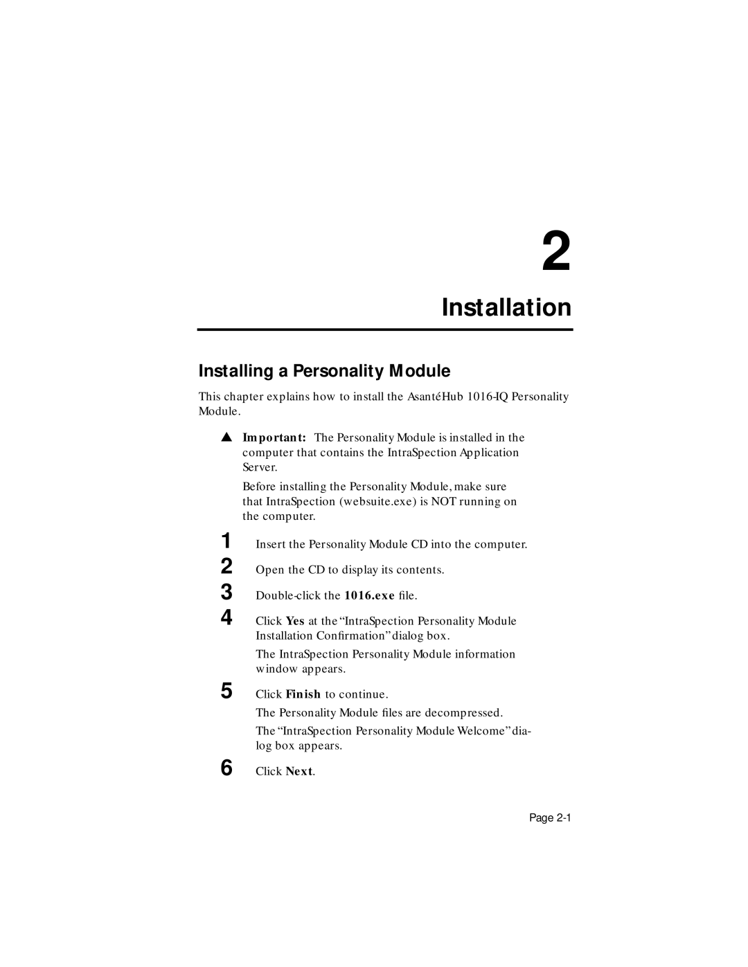 Asante Technologies 1016-IQ user manual Installation, Installing a Personality Module 