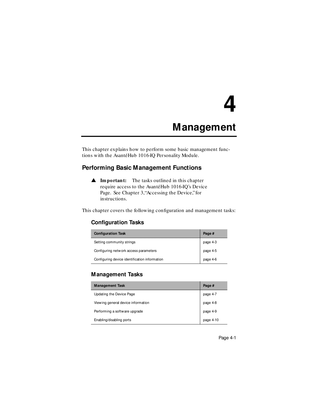 Asante Technologies 1016-IQ user manual Performing Basic Management Functions, Conﬁguration Tasks, Management Tasks 