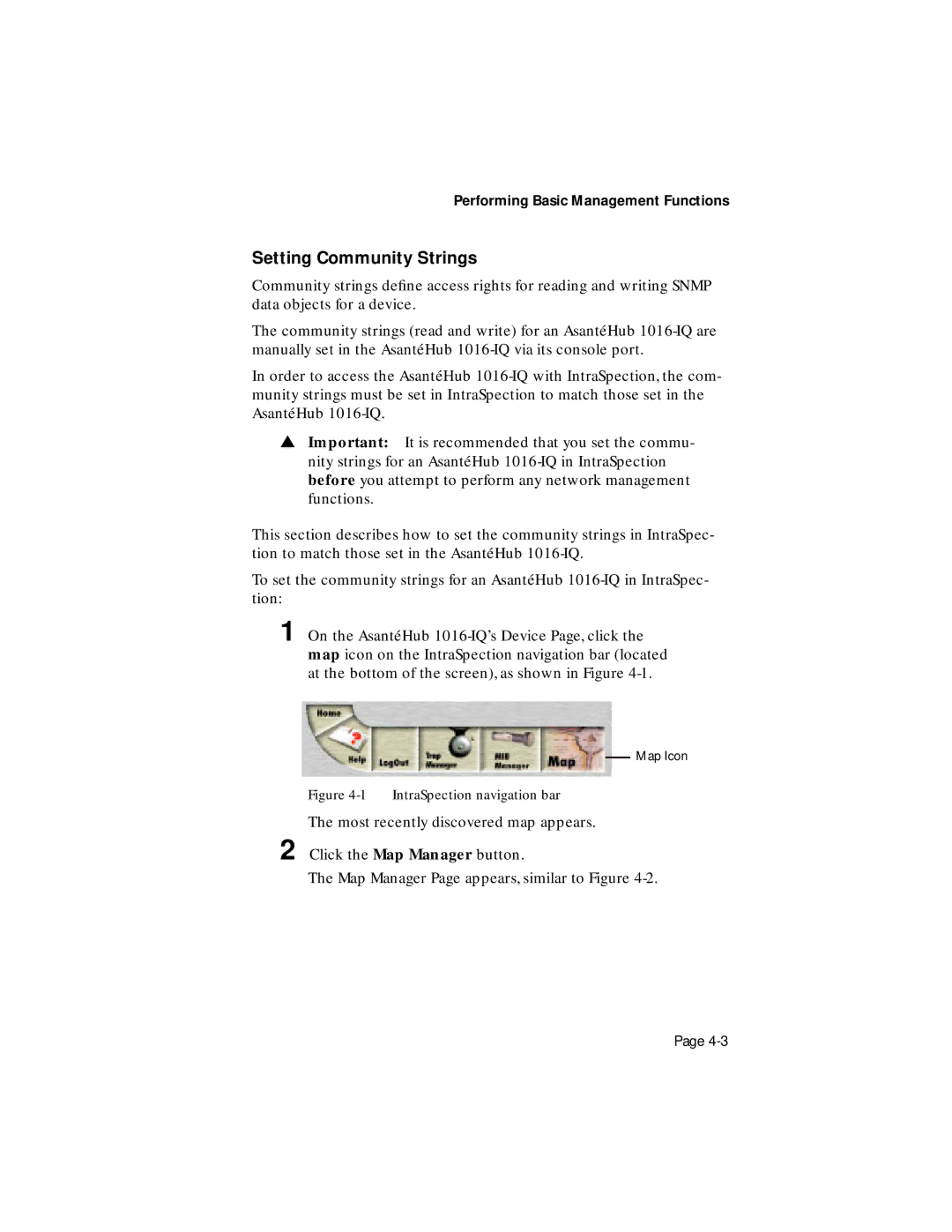 Asante Technologies 1016-IQ user manual Setting Community Strings, IntraSpection navigation bar 