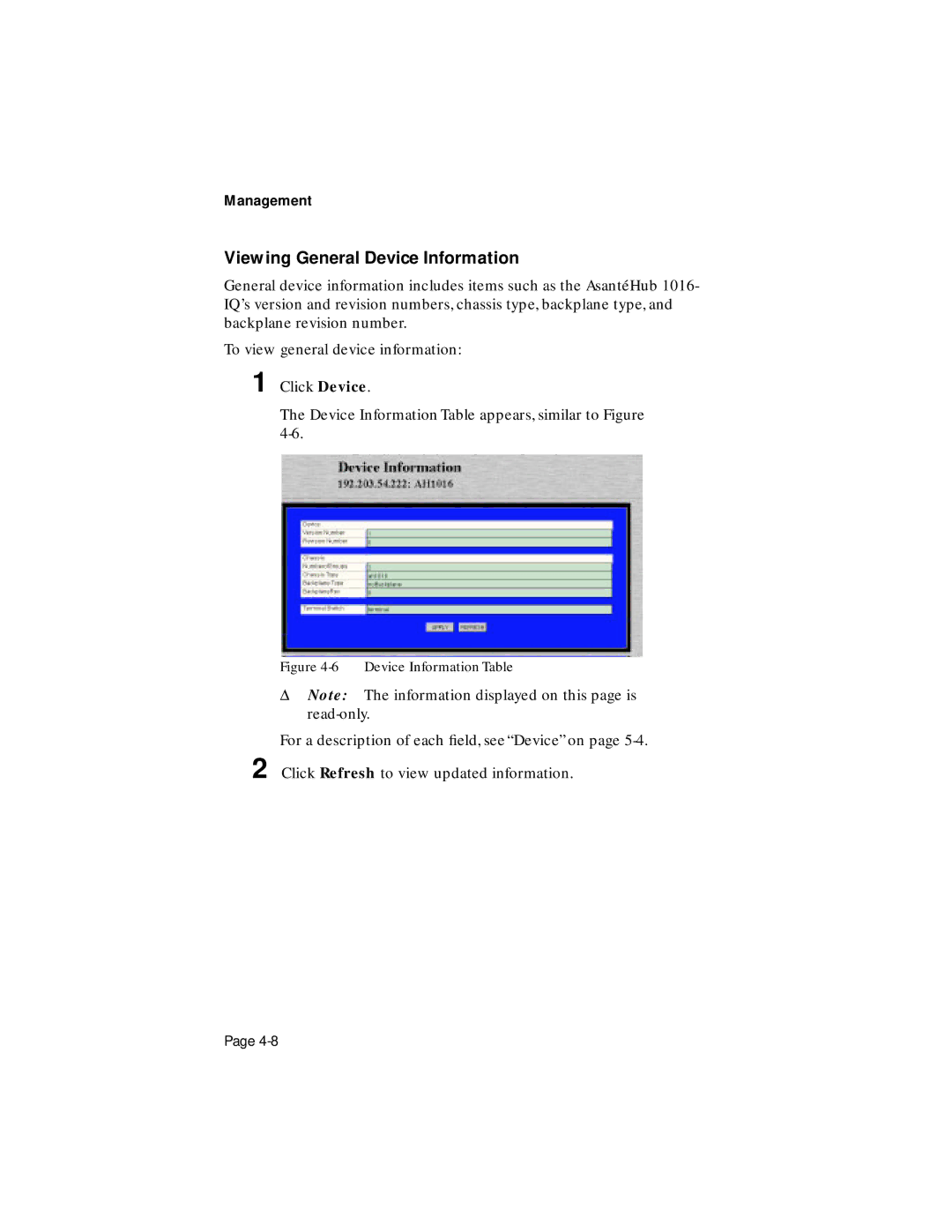 Asante Technologies 1016-IQ user manual Viewing General Device Information, Device Information Table 