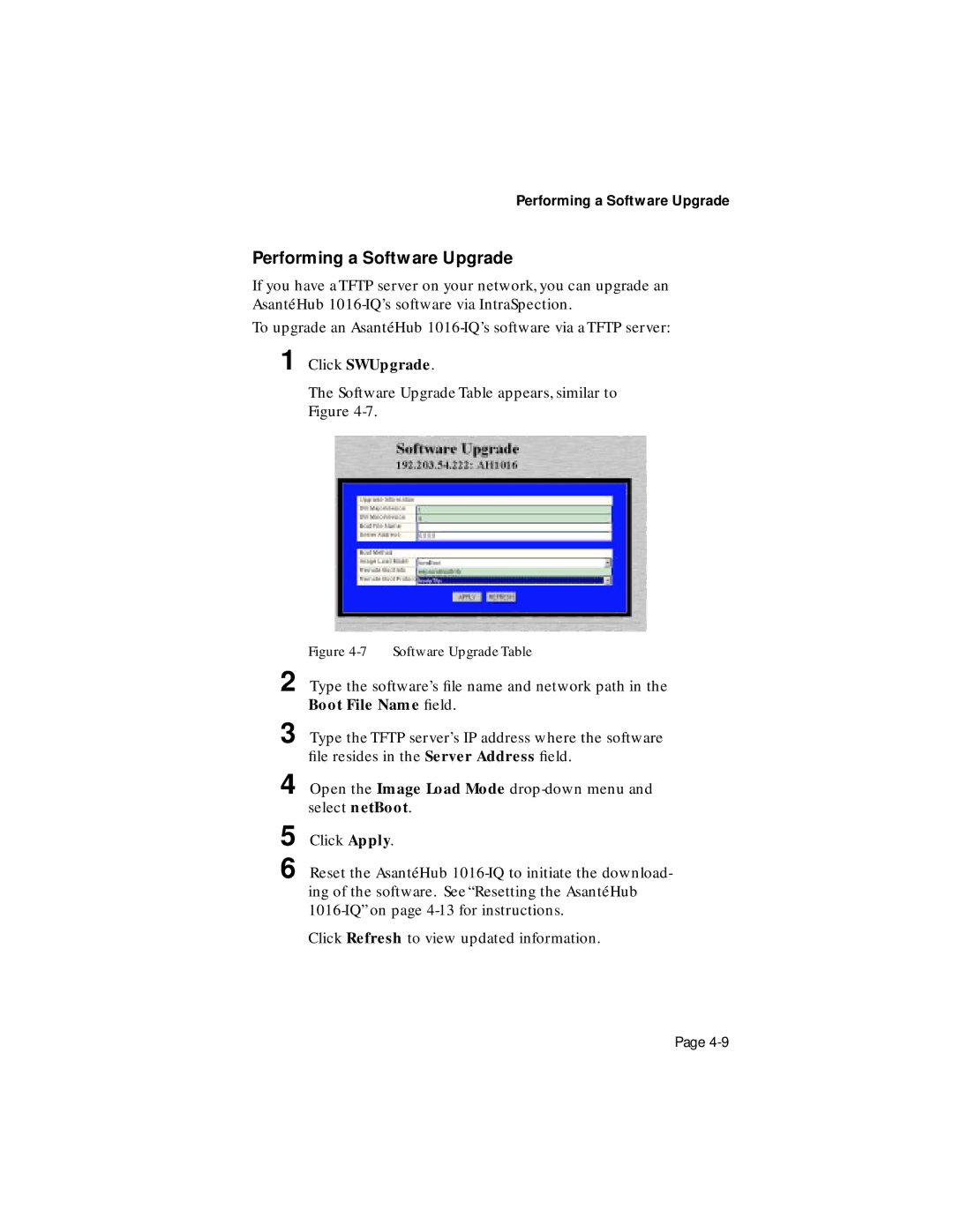 Asante Technologies 1016-IQ user manual Performing a Software Upgrade, Click SWUpgrade 