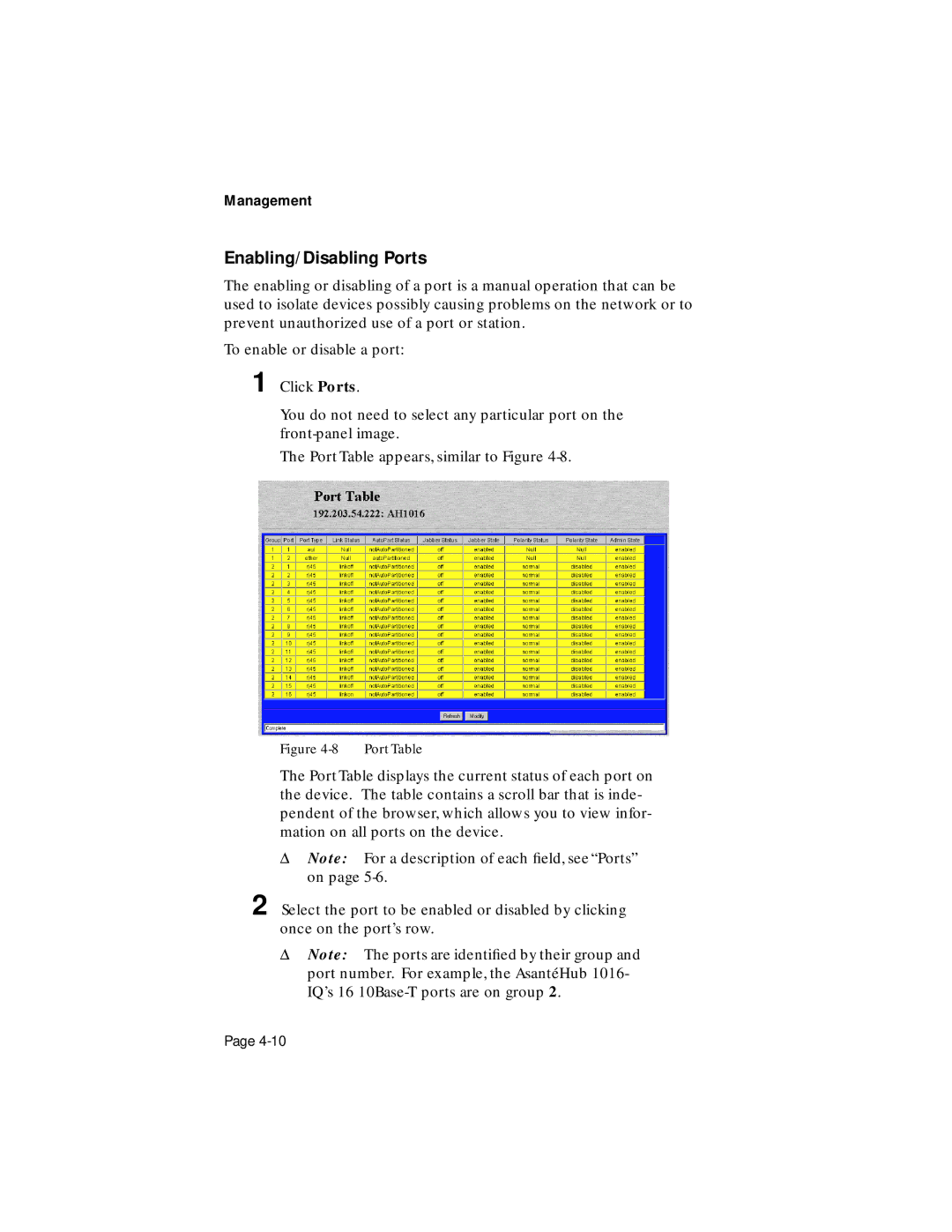 Asante Technologies 1016-IQ user manual Enabling/Disabling Ports 