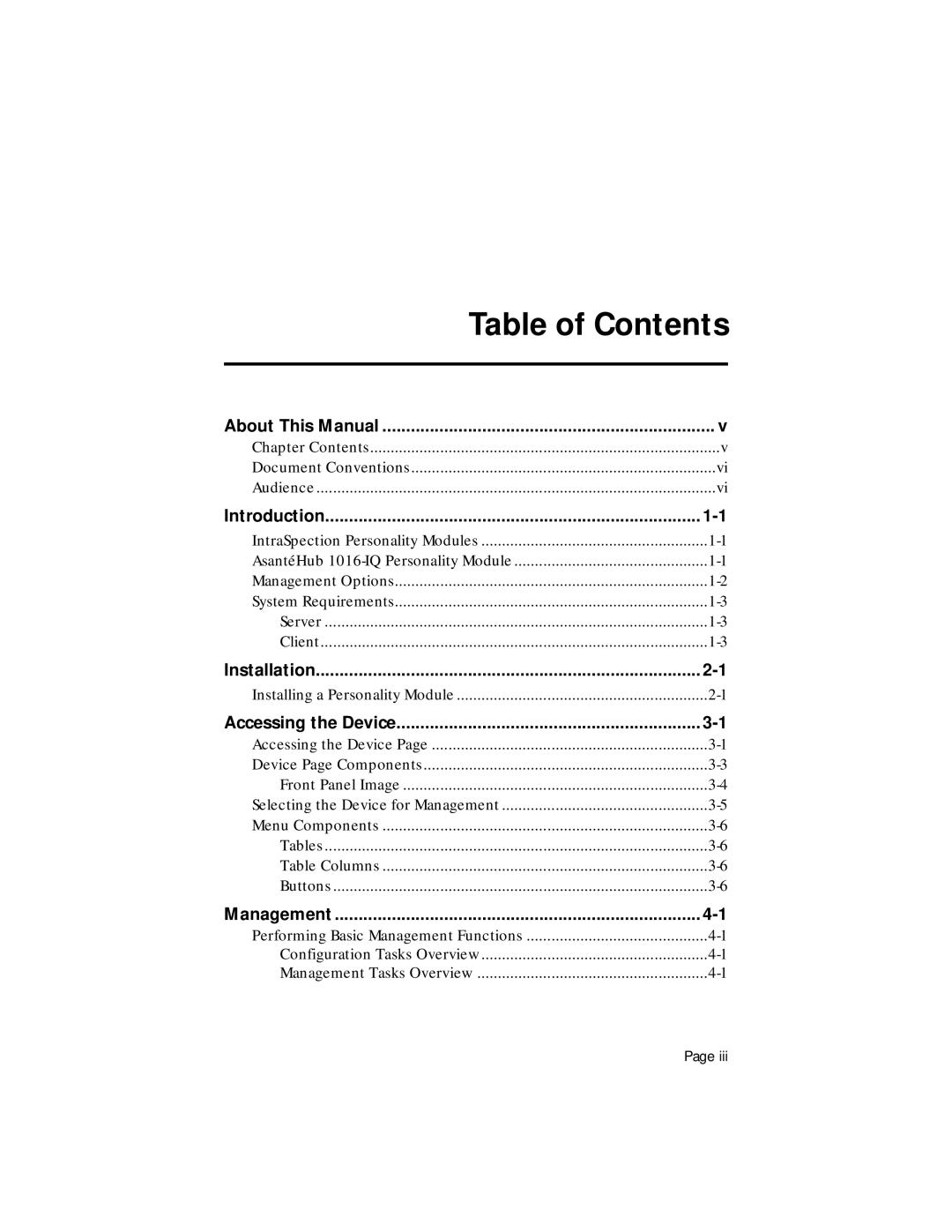 Asante Technologies 1016-IQ user manual Table of Contents 