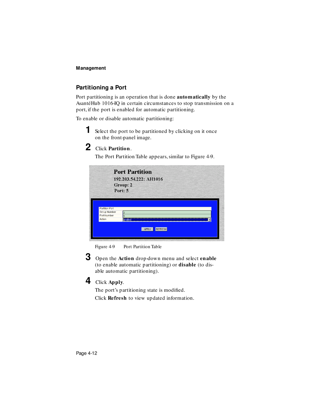 Asante Technologies 1016-IQ user manual Partitioning a Port, Click Partition 